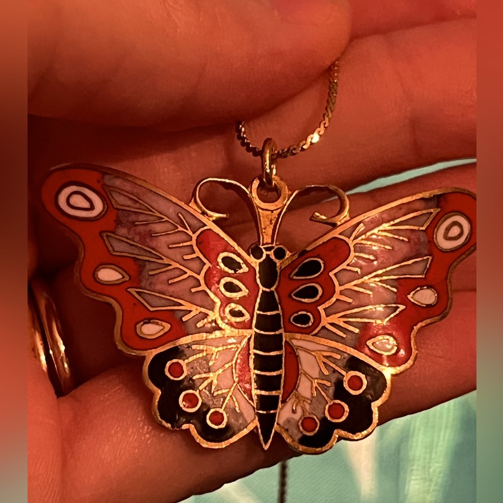 Vintage Butterfly Cloisonne’ necklace & brooch